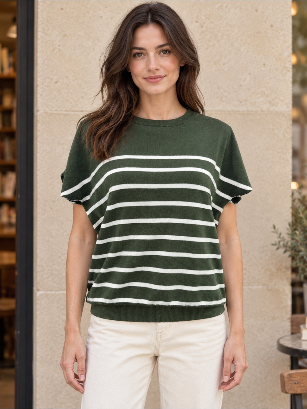 Mirol Forest Green Stripe Flutter Sleeve Knit Top 100% Viscose Women’s S